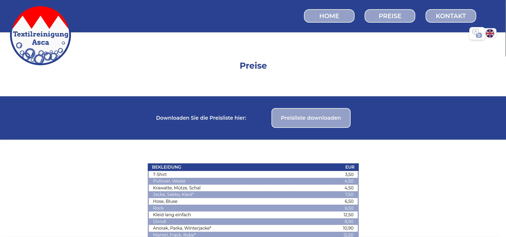 prices textilreinigung asca